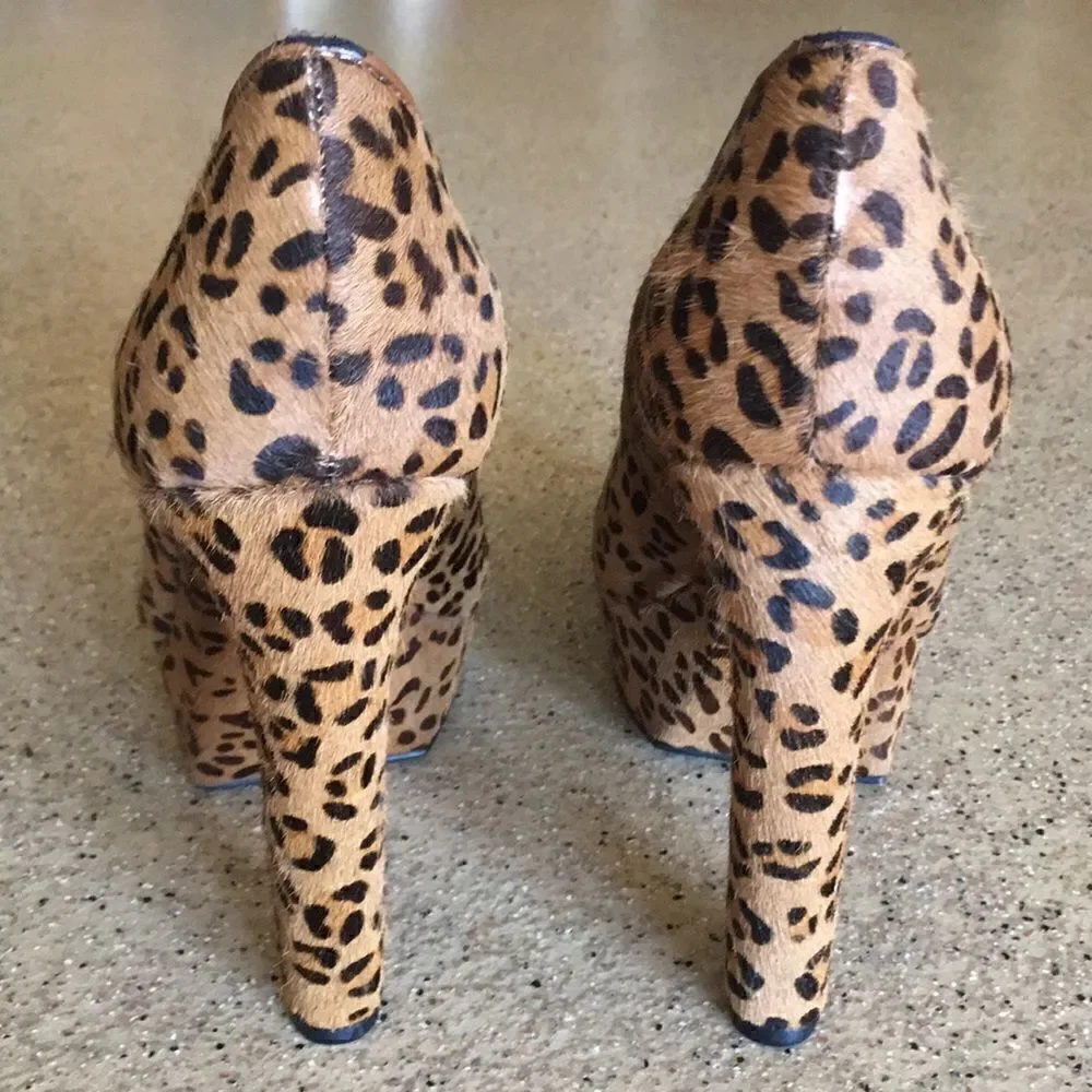 Leopard print calf hair platform heels